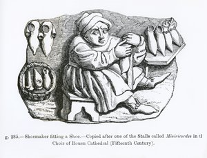 Der Schuhmacher passt einen Schuh an, kopiert von einem der Misericordia-Stände im Chor der Kathedrale von Rouen, Illustration aus 
